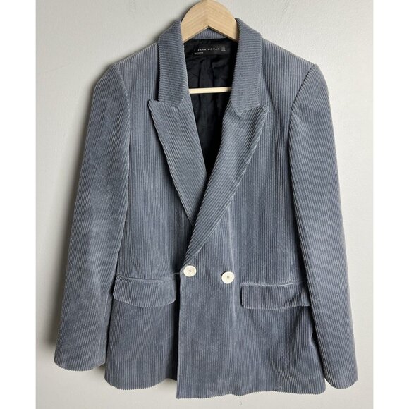 Zara Blue Corduroy Blazer & Flare Pants Outfit Set Size Small Dressy Women’s - Picture 1 of 16